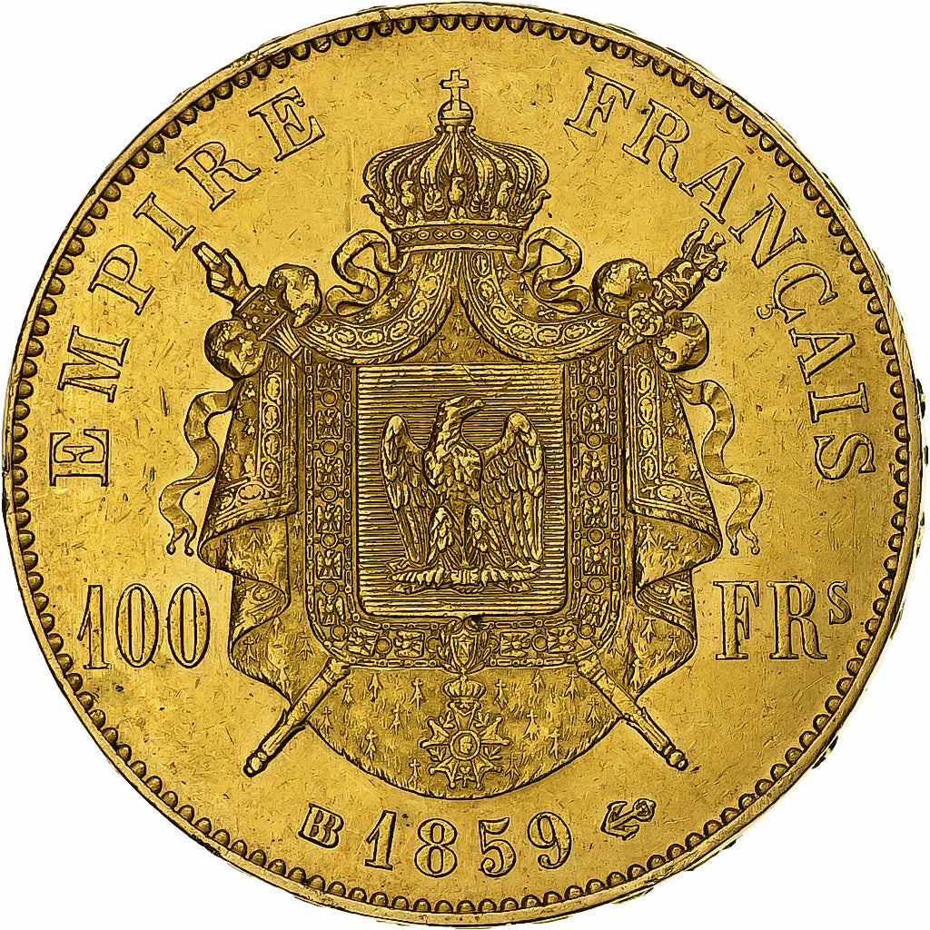 Francia, Napoleon III, 100 Francs, Napoléon III, 1859, Strasbourg, Oro, BB+