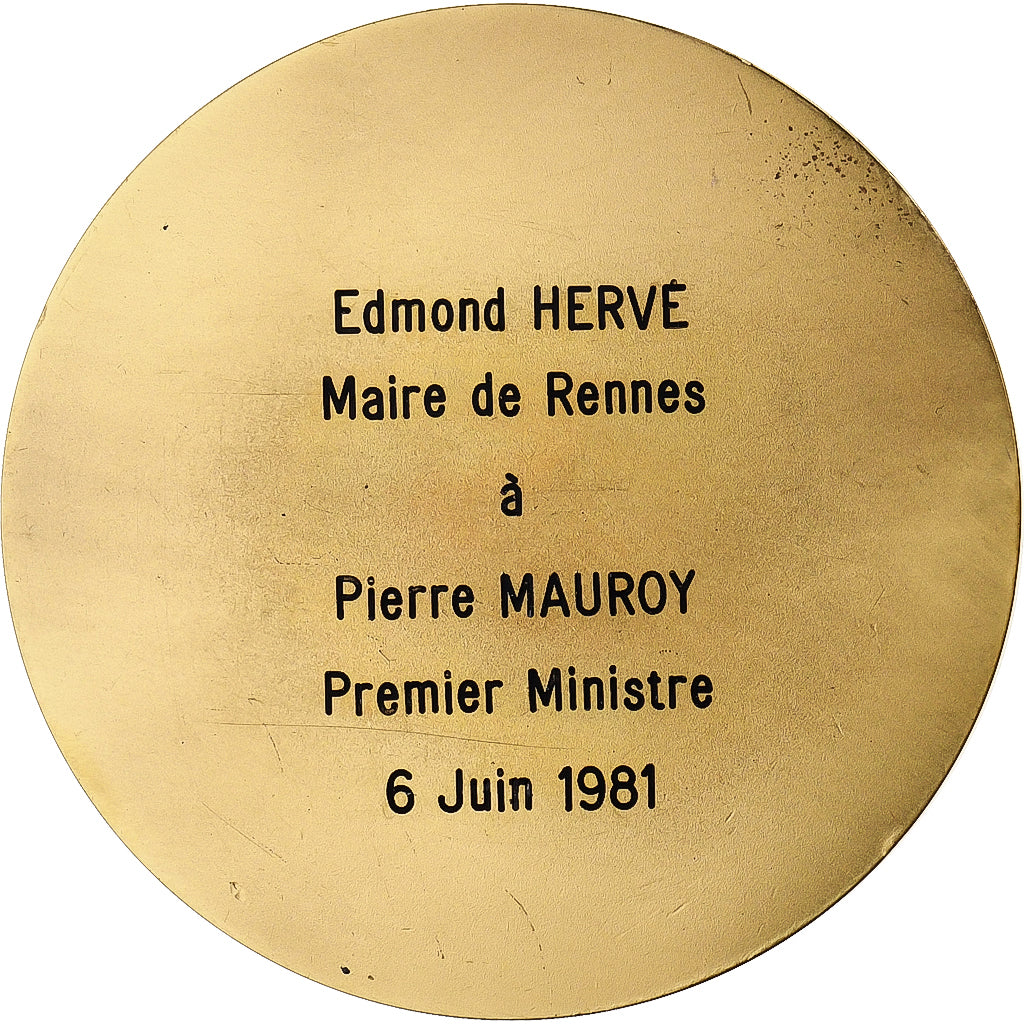 France, Medal, Edmond Hervé, Maire de Rennes à Pierre Mauroy, Bronze, Madiot