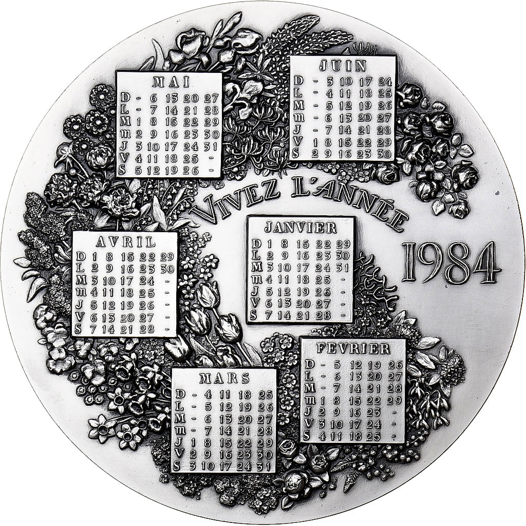 France, Médaille, Calendrier, Nouvelle Année, Avec les Fleurs, 1984, Argent