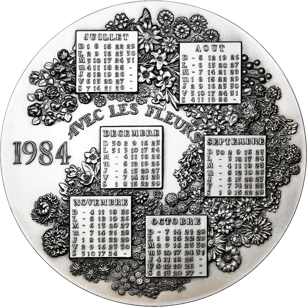 France, Médaille, Calendrier, Nouvelle Année, Avec les Fleurs, 1984, Argent