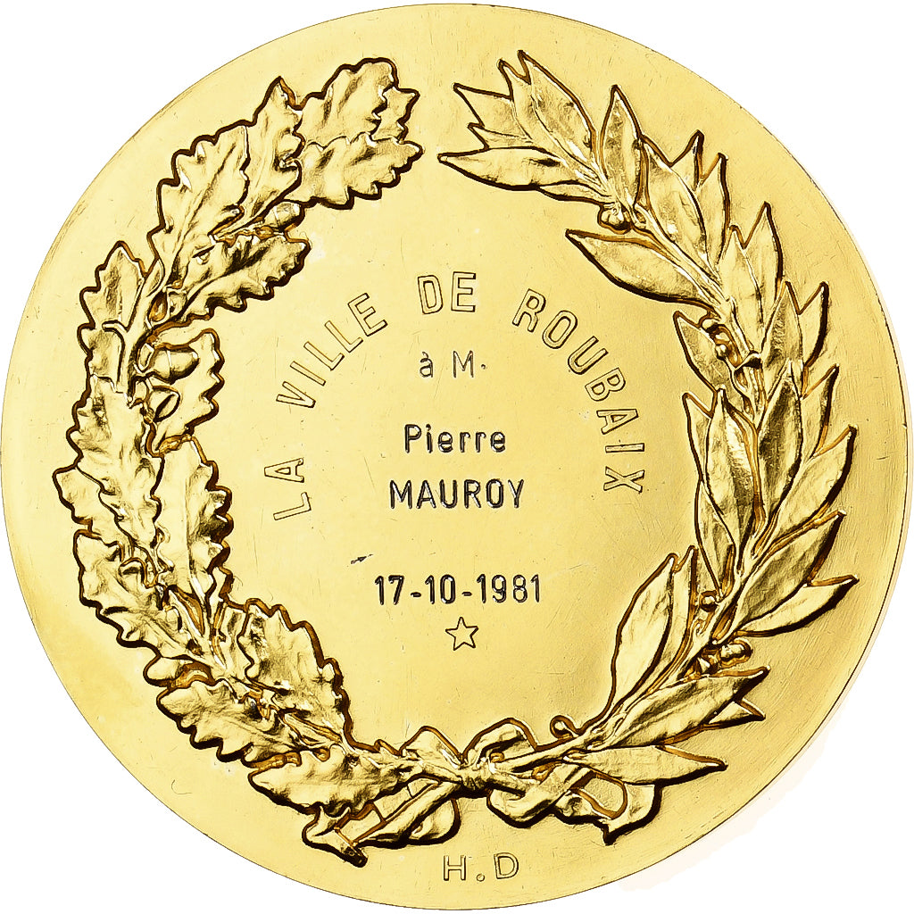 France, Médaille, La Ville de Roubaix à Pierre Mauroy, 1981, Vermeil, FDC