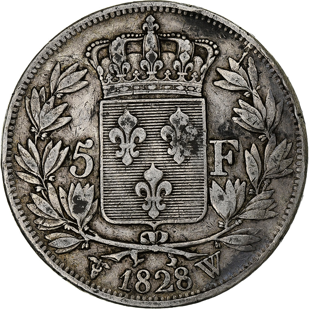 Francia, Charles X, 5 Francs, 1828, Lille, Plata, BC+, Gadoury:644, KM:728.13