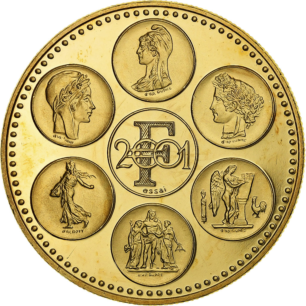 Francia, medaglia, Coq, Fin du Cours Légal du Franc, 2001, Doratura in