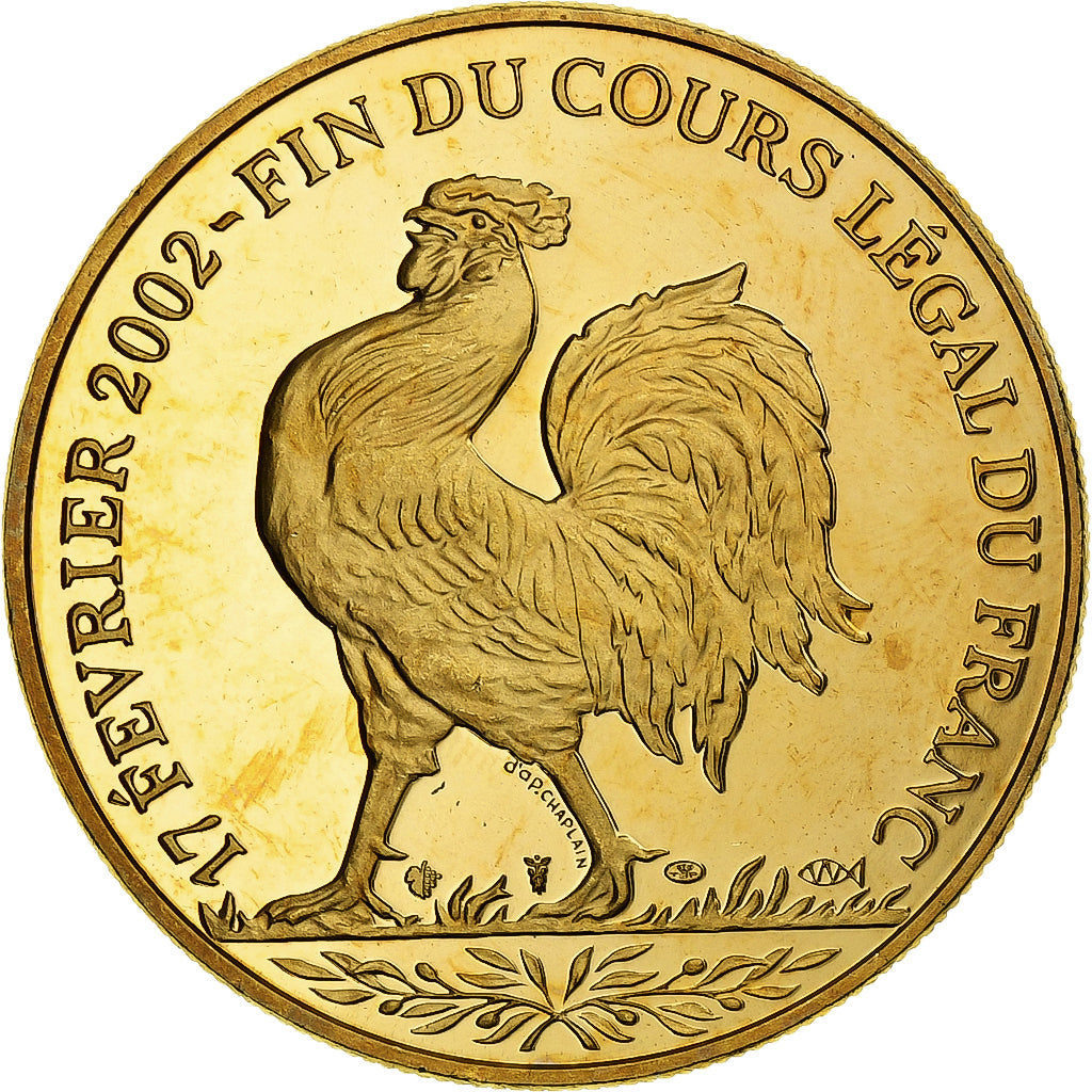 Francia, medaglia, Coq, Fin du Cours Légal du Franc, 2001, Doratura in