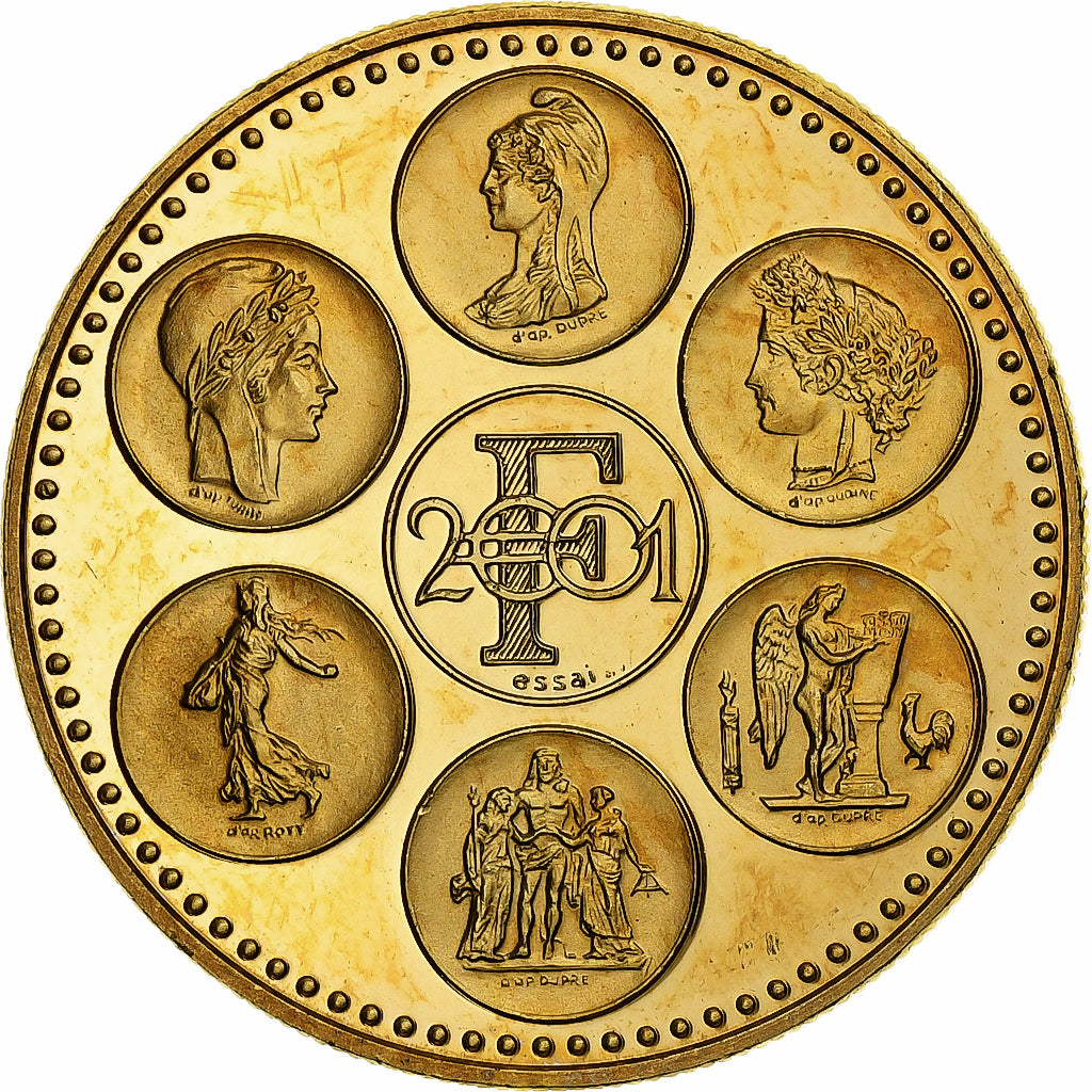 Francia, medaglia, Coq, Fin du Cours Légal du Franc, 2001, Doratura in
