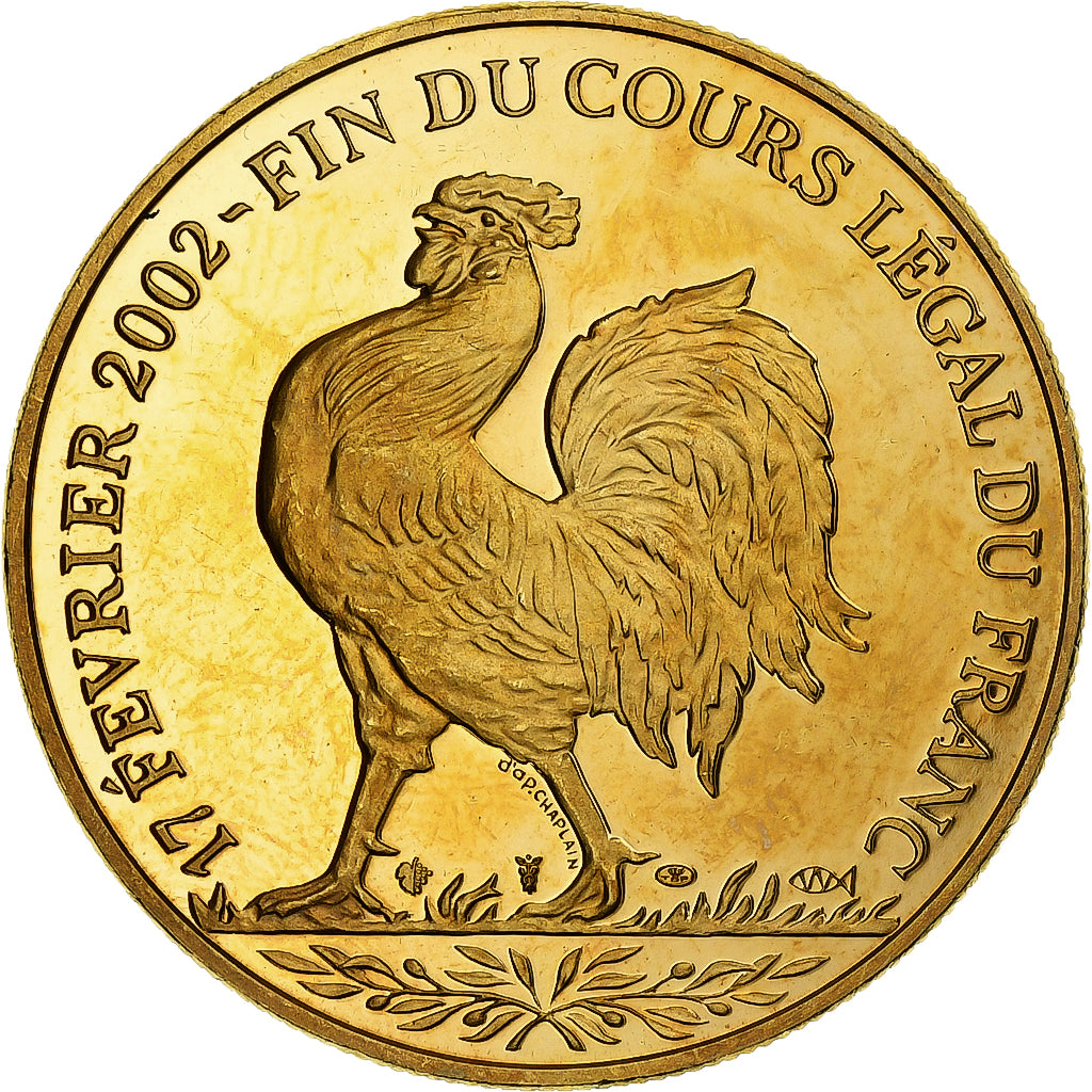 Francia, medaglia, Coq, Fin du Cours Légal du Franc, 2001, Doratura in