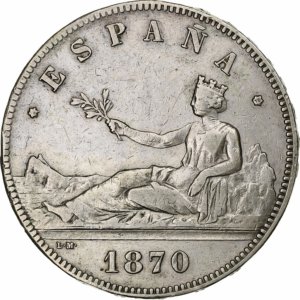 Spain, Provisional Government, 5 Pesetas, 1870, Madrid, Silver, VF(30-35)