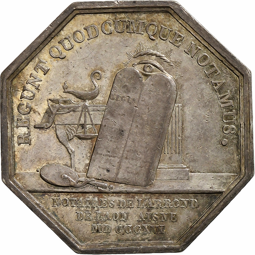 Francia, zeton, Louis XVIII, Notaires de l'Arrondissement de Laon, 1816, Plata