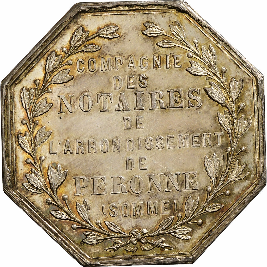 Francia, zeton, Notaires de l'Arrondissement de Péronne, Somme, 1858, Plata