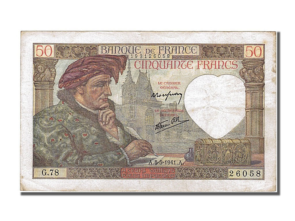 Banknot, Francja, 50 Francs, Jacques Coeur, 1941, 1941-05-08, AU(50-53)