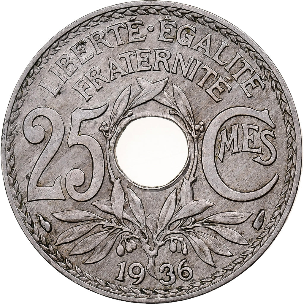 Frankreich, 25 Centimes, Lindauer, 1936, Kupfer-Nickel, SS, Gadoury:380, KM:867a