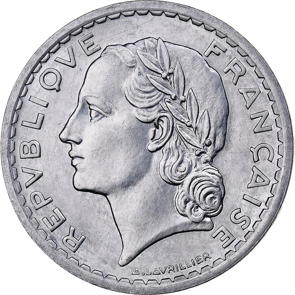 Frankrijk, 5 Francs, Lavrillier, 1945, Paris, Aluminium, PR+, Gadoury:766