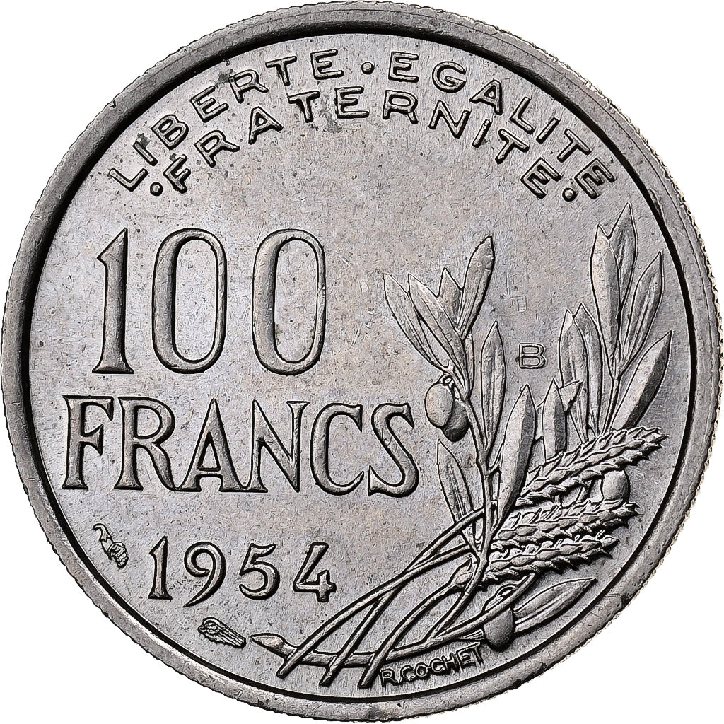 França, 100 Francs, Cochet, 1954, Beaumont - Le Roger, Cobre-níquel
