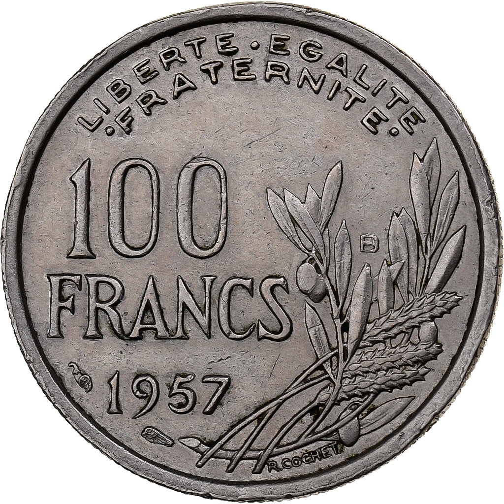 França, 100 Francs, Cochet, 1957, Beaumont - Le Roger, Cobre-níquel