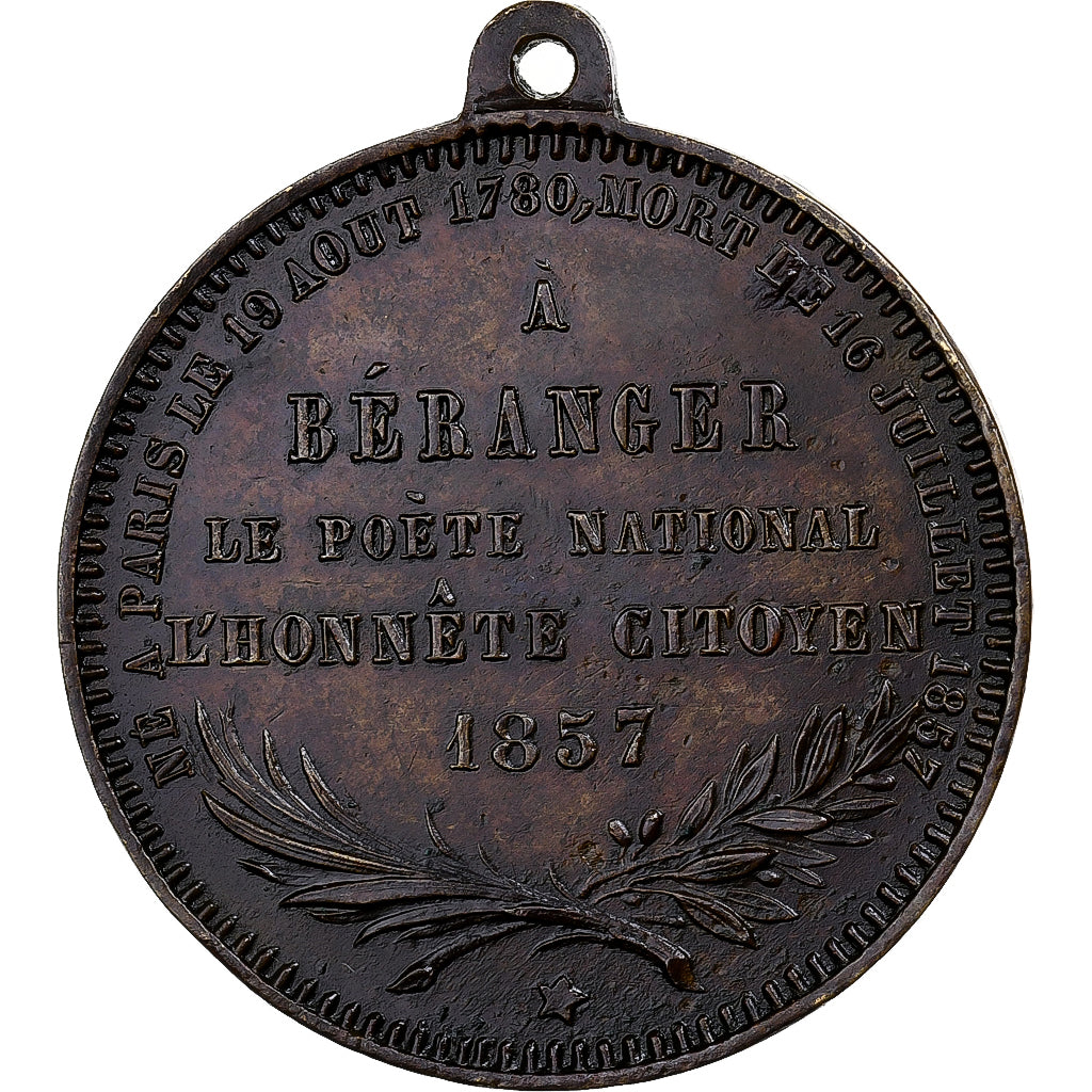 Francia, medalla, Pierre Jean Béranger, 1857, Latón, Magniadas, MBC+
