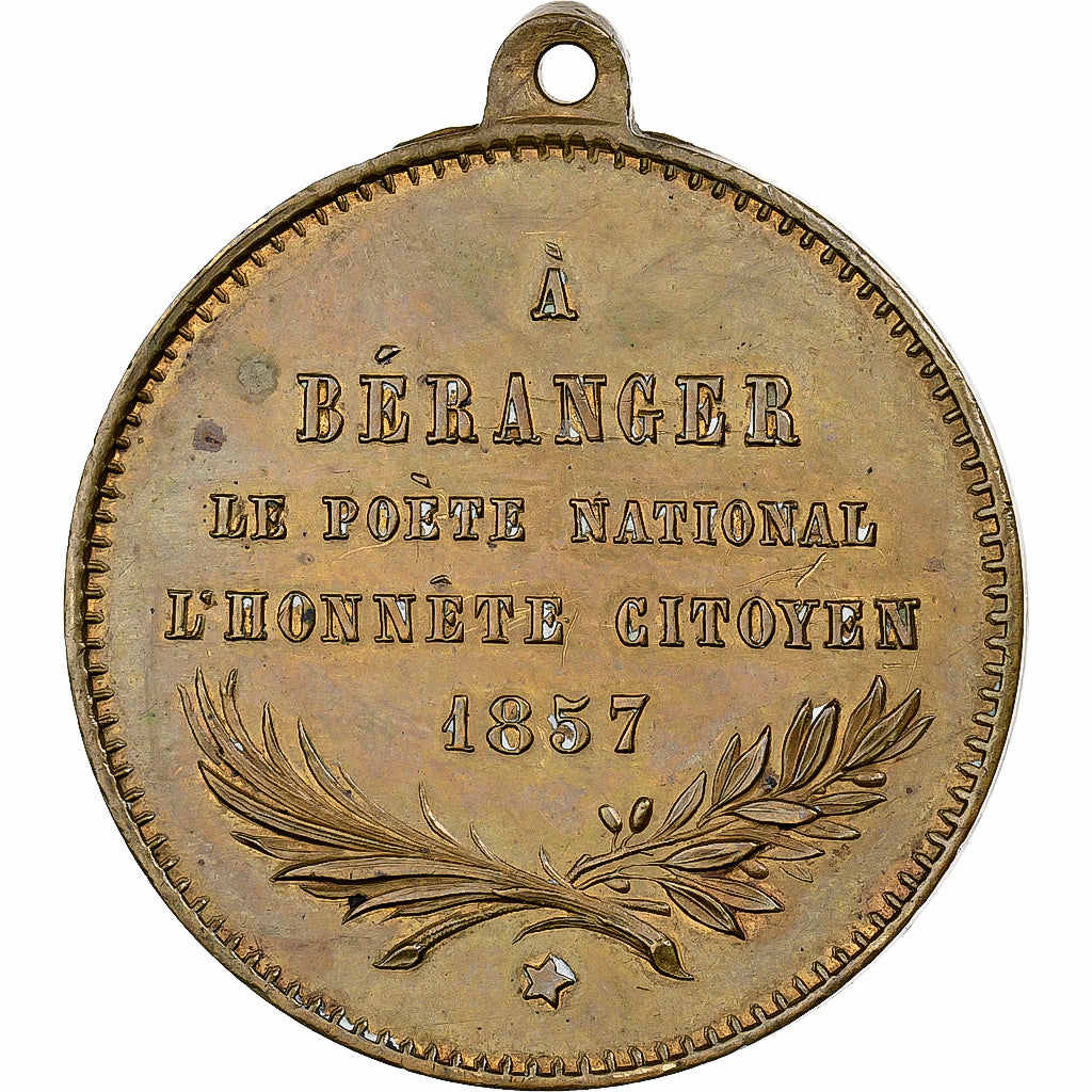Francia, medalla, Pierre Jean Béranger, 1857, Latón, Magniadas, MBC+