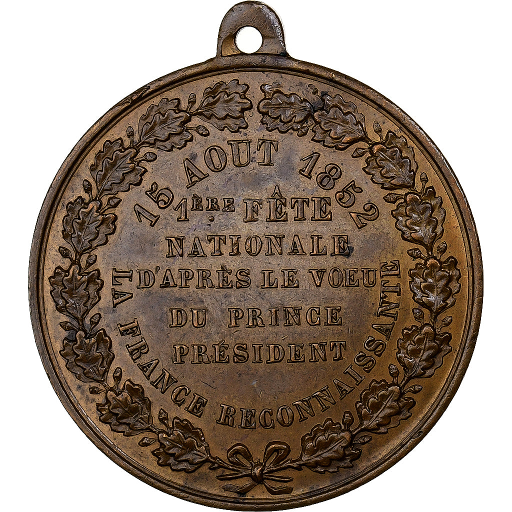 França, medalha, Louis Napoléon Bonaparte, 1ère Fête Nationale, 1852, Cobre