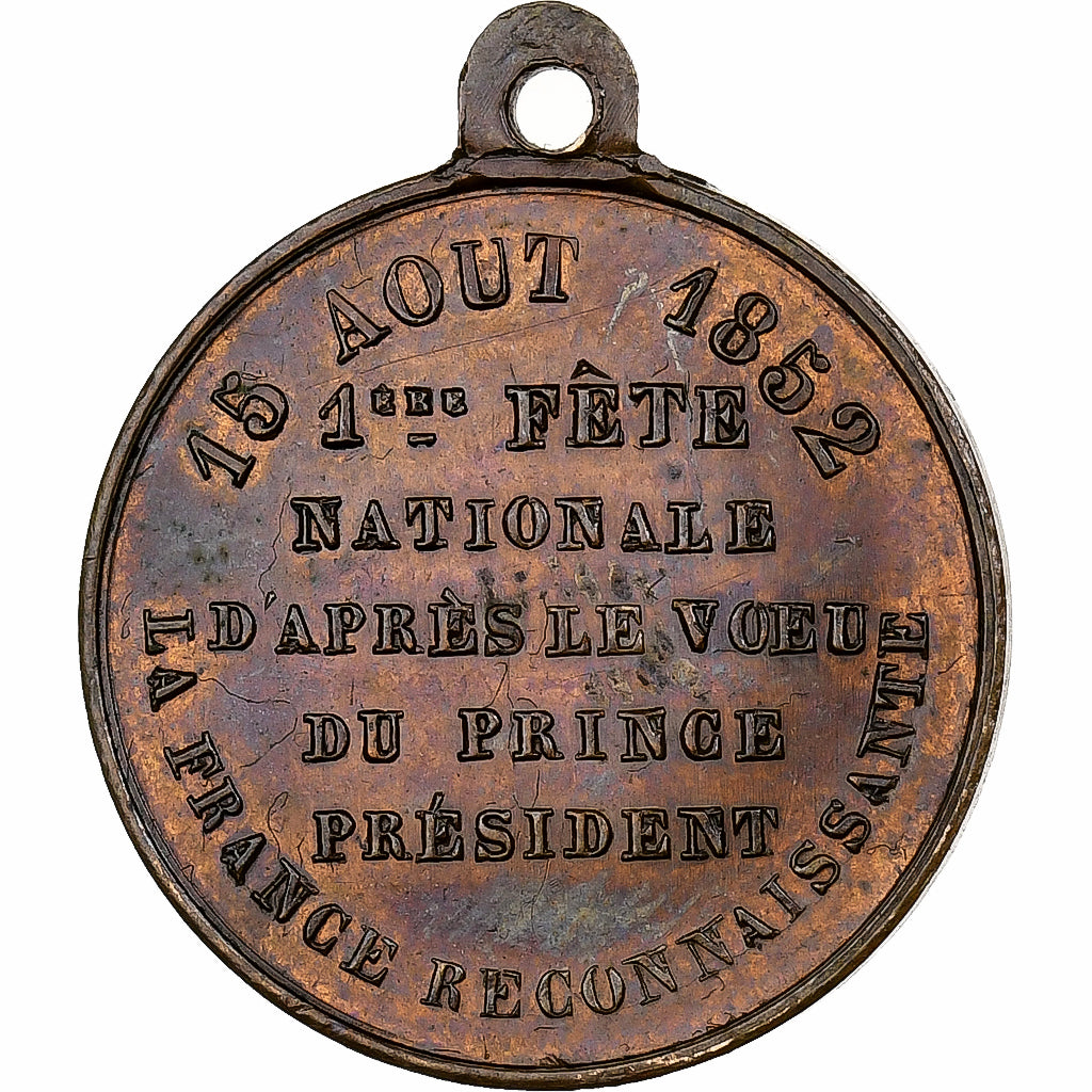 França, medalha, Louis Napoléon Bonaparte, 1ère Fête Nationale, 1852, Cobre