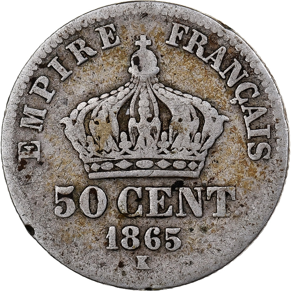 France, Napoleon III, 50 Centimes, 1865, Bordeaux, modifié, Silver, F(12-15)