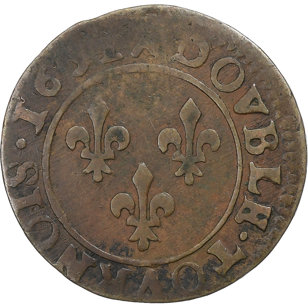France, Louis XIII, Double Tournois, 1631, Lyon, Cuivre, TB, CGKL:350