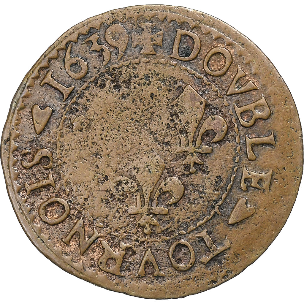 France, Double Tournois, Louis XIII, 1639, La Rochelle, Copper, F(12-15)