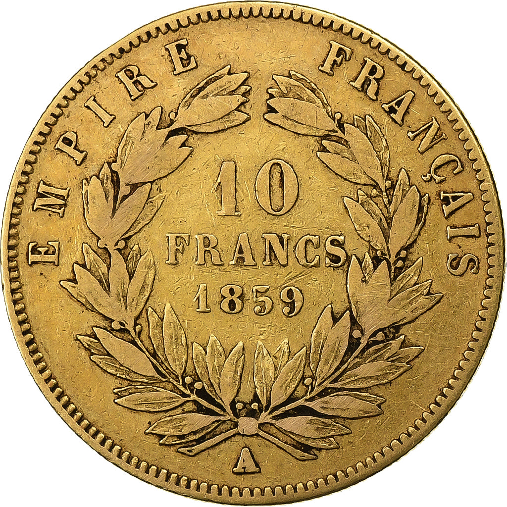 Francia, Napoleon III, 10 Francs, 1859, Paris, Oro, BC+, Gadoury:1014, KM:784.3