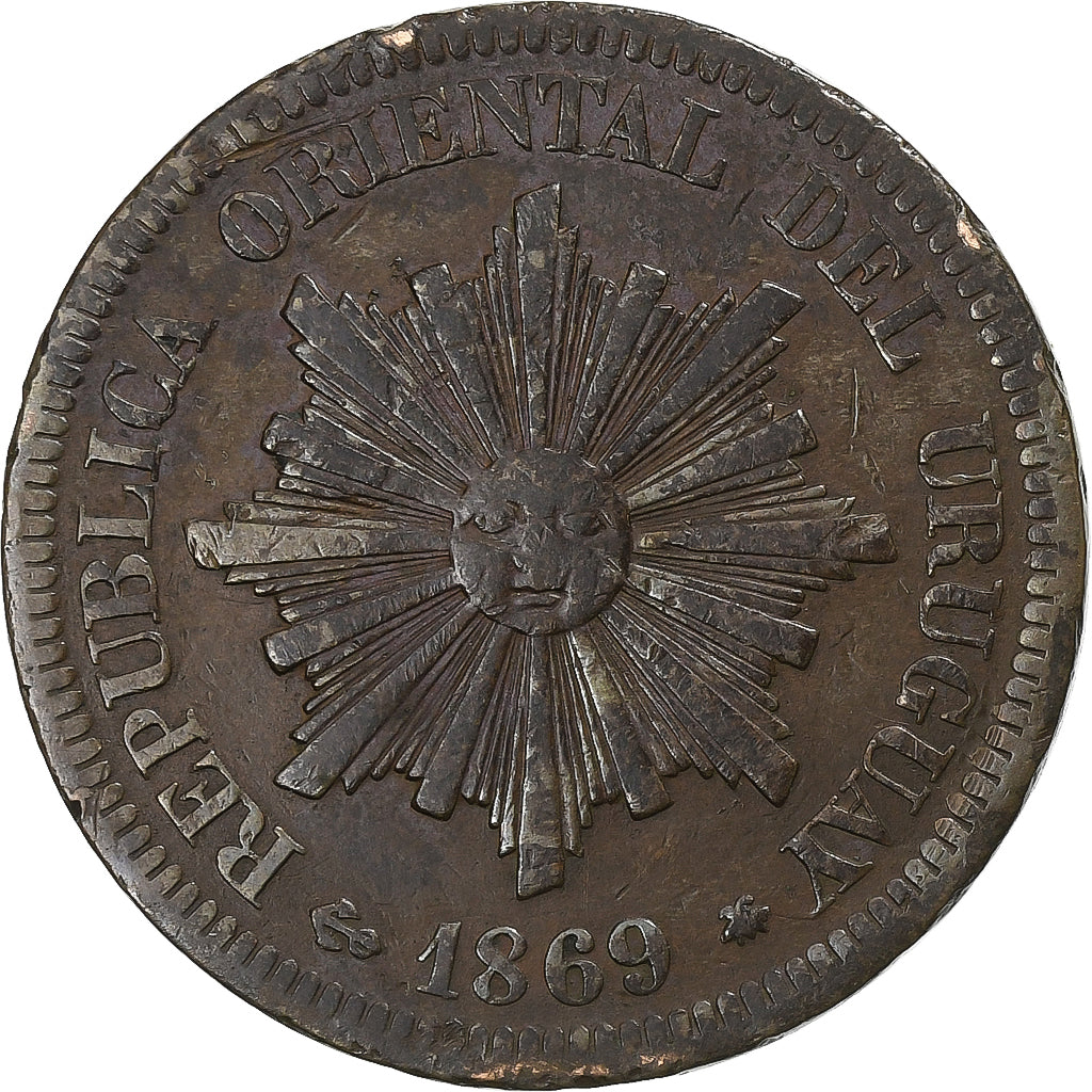 Uruguay, 2 Centesimos, 1869, Uruguay Mint, Bronze, VF(30-35), KM:12