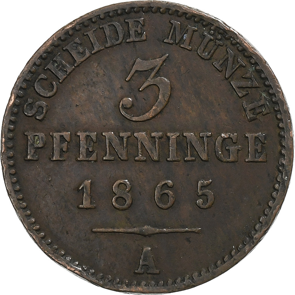 Germany, PRUSSIA, Wilhelm I, 3 Pfenninge, 1865, Berlin, Copper, EF(40-45)