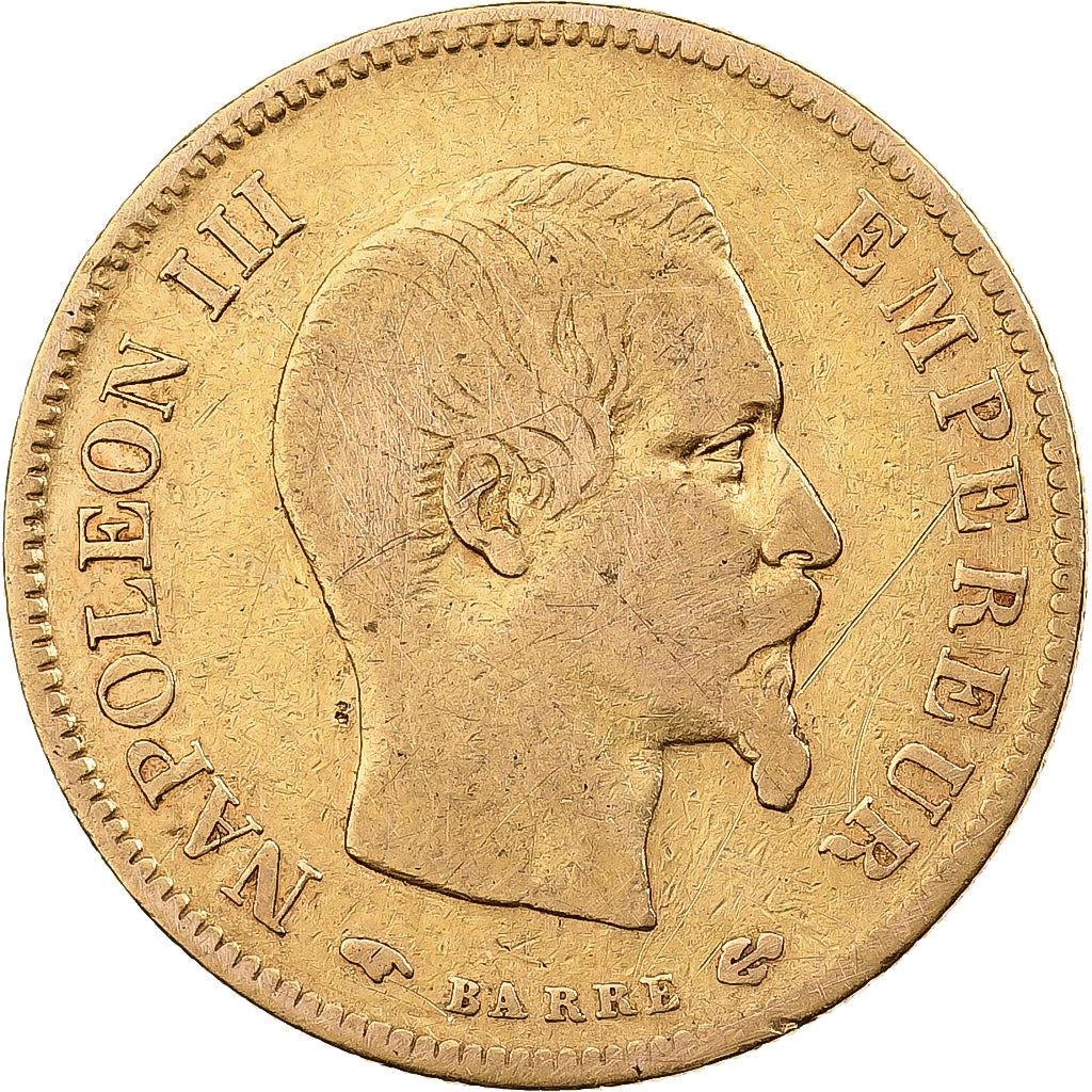 França, Napoleon III, 10 Francs, 1858, Paris, Dourado, VF(20-25), Gadoury:1014