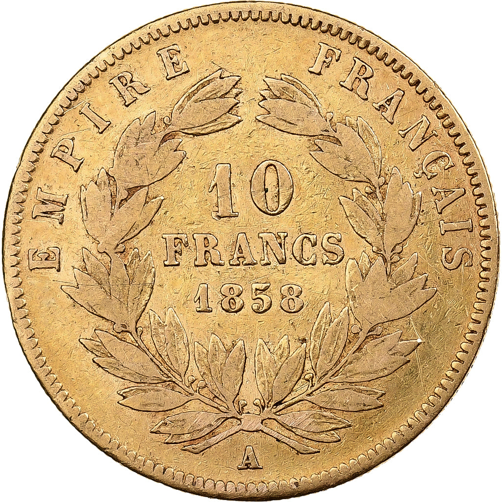 França, Napoleon III, 10 Francs, 1858, Paris, Dourado, VF(20-25), Gadoury:1014