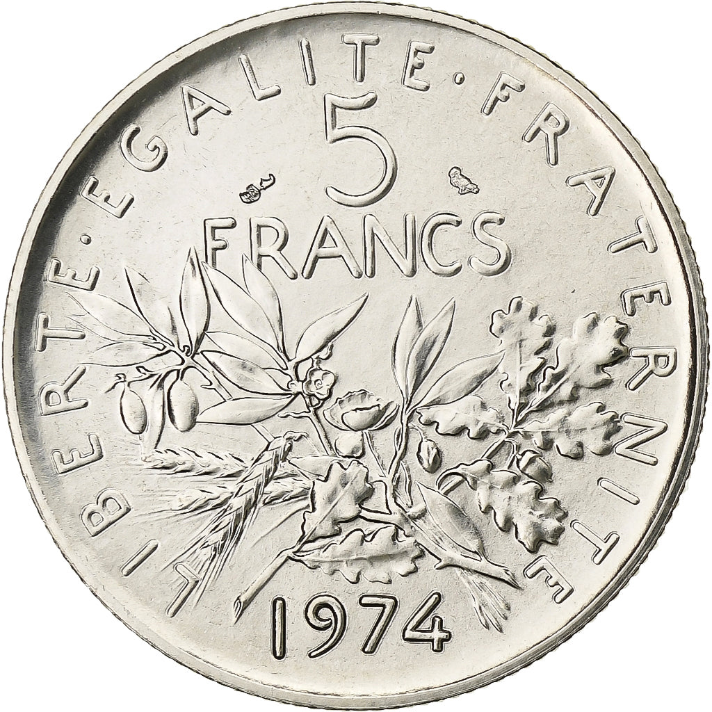 Francja, 5 Francs, Semeuse, 1974, Paris, série FDC, Miedzionikiel, MS(65-70)