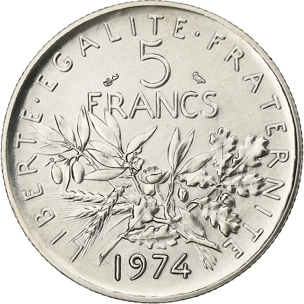 Francja, 5 Francs, Semeuse, 1974, Paris, série FDC, Miedzionikiel, MS(65-70)