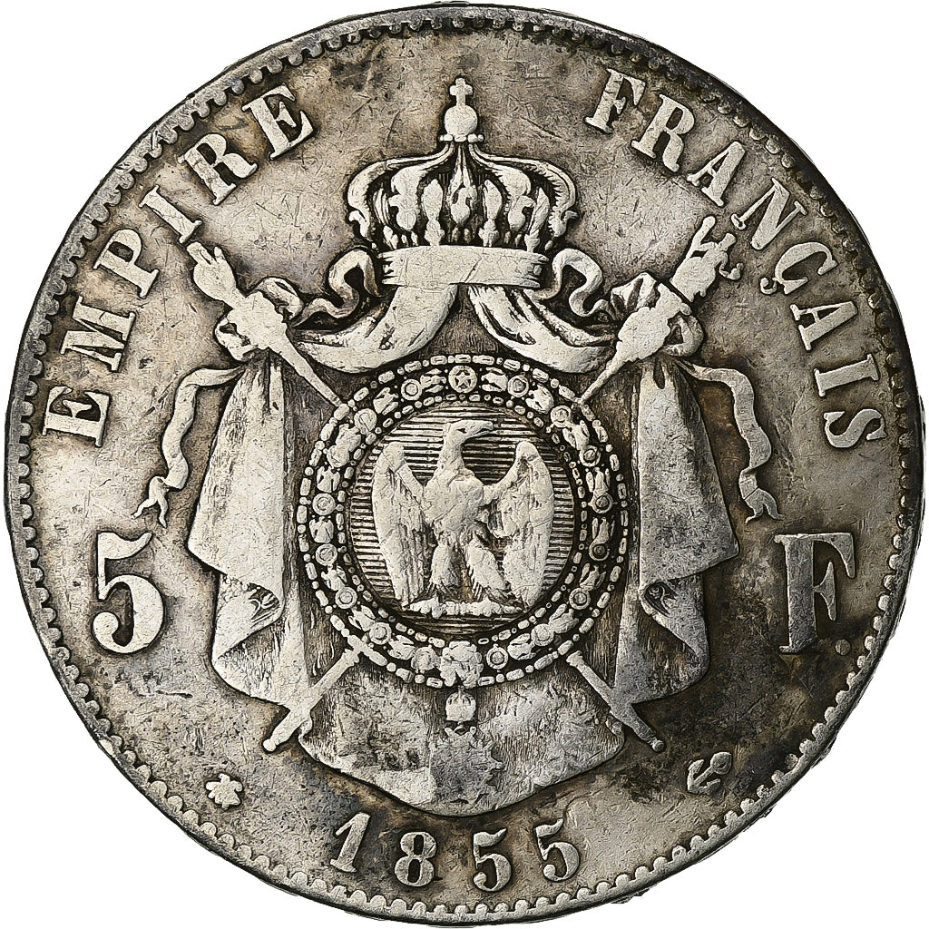 Francia, Napoleon III, 5 Francs, Napoléon III, 1855, Strasbourg, Plata, BC+