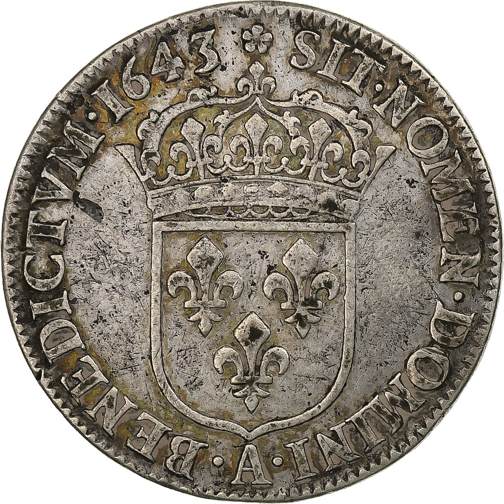 France, Louis XIII, 1/4 Ecu, 1643, Paris, Silver, VF(30-35), Gadoury:140