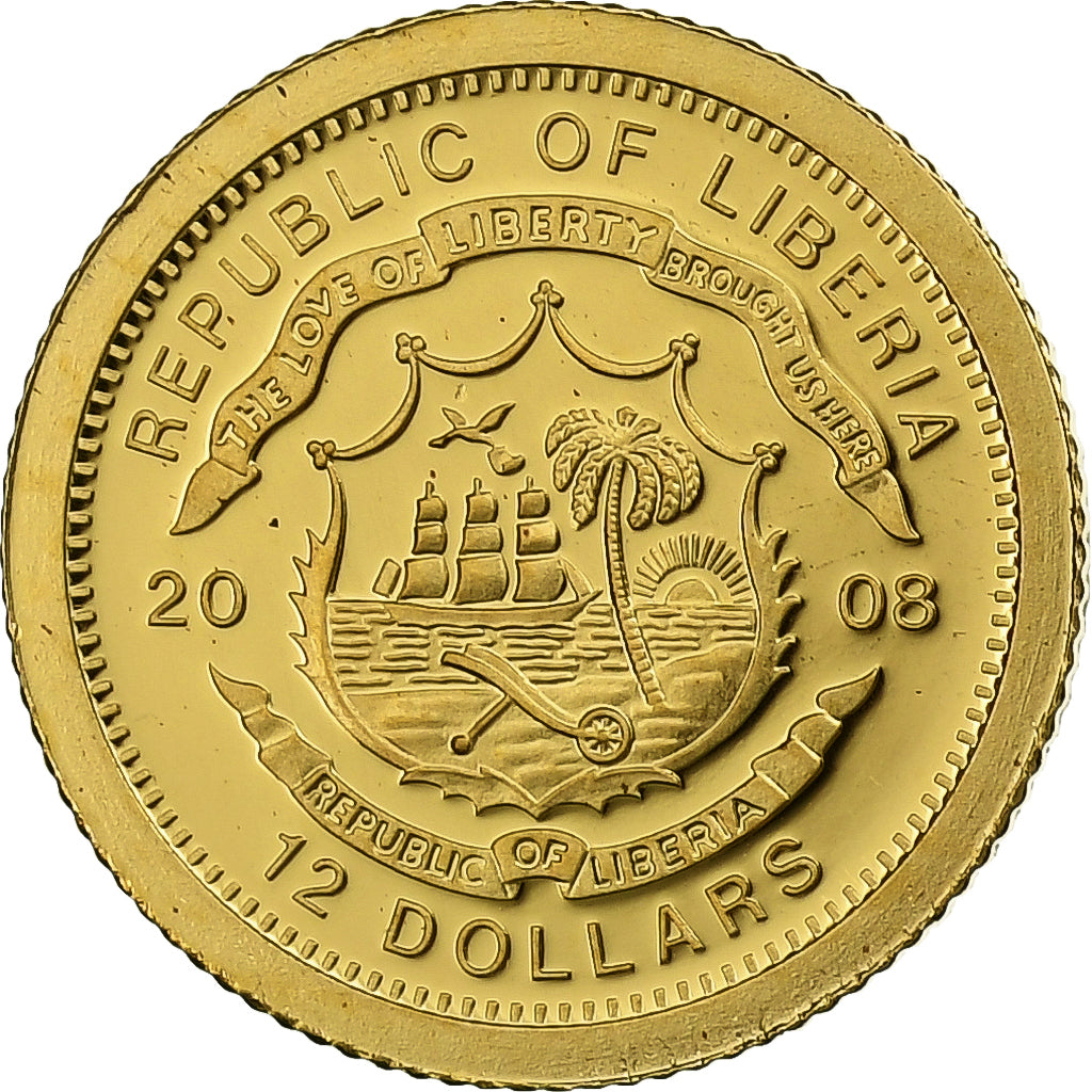 Liberia, 12 Dollars, Greece, Parthenon, 2008, PP, Gold, STGL