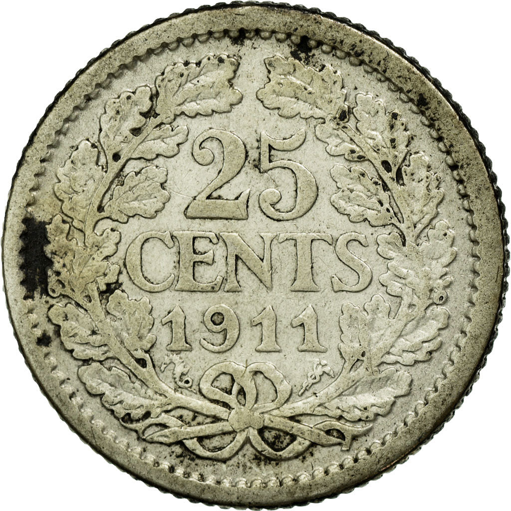 Coin, Netherlands, Wilhelmina I, 25 Cents, 1911, VF(30-35), Silver, KM:146