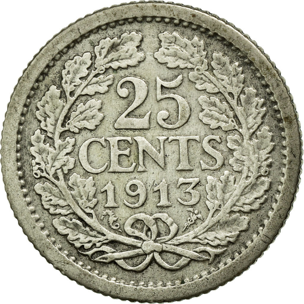 Coin, Netherlands, Wilhelmina I, 25 Cents, 1913, EF(40-45), Silver, KM:146