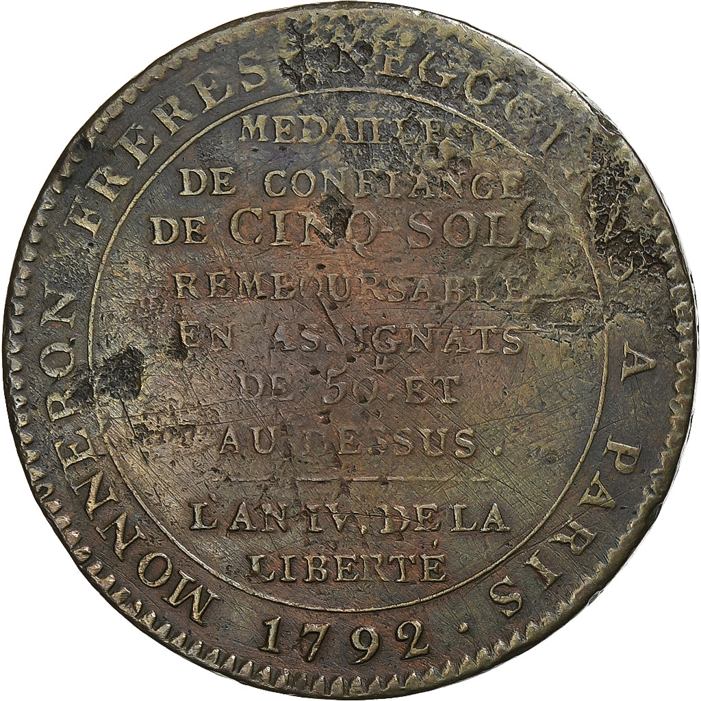 Francia, Monneron de 2 Sols, 1792, Birmingham, Bronce, BC+