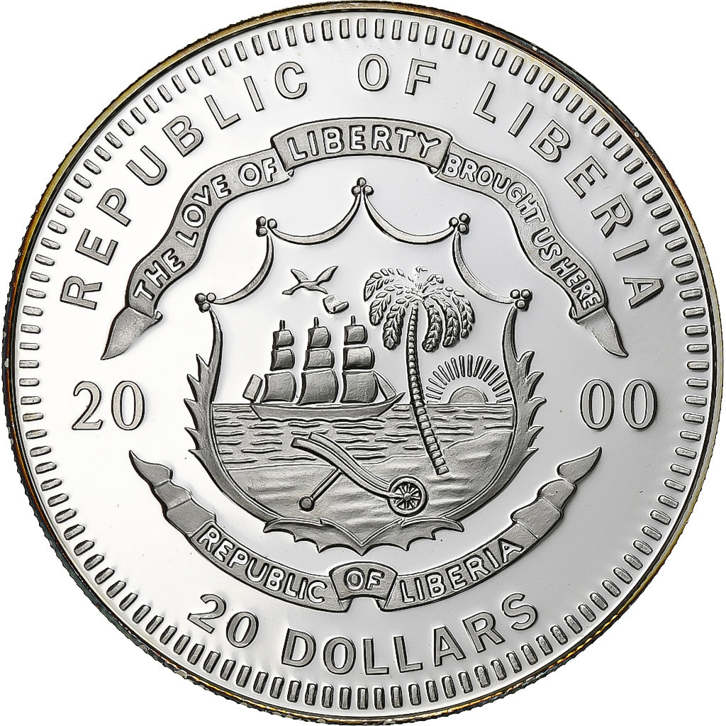 Libéria, 20 Dollars, Copenhague, 2000, Proof, Prata, MS(64)