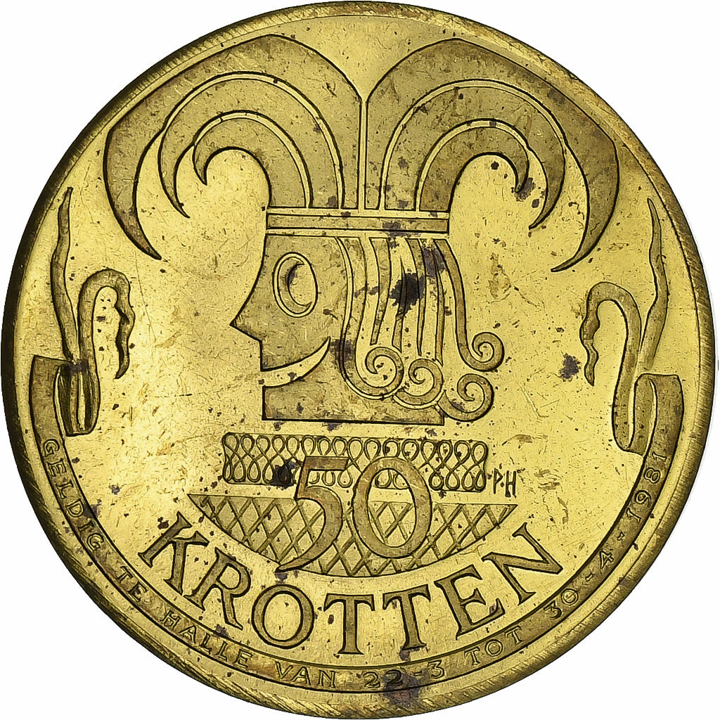 Belgia, Token, 50 Krotten - Halle, 1981, Mosiądz, AU(55-58)