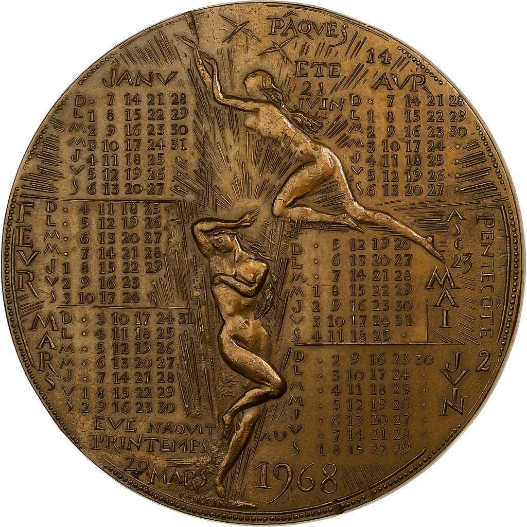 Francia, medalla, Calendrier, Adam et Eve, 1968, Bronce, Corbin, EBC+