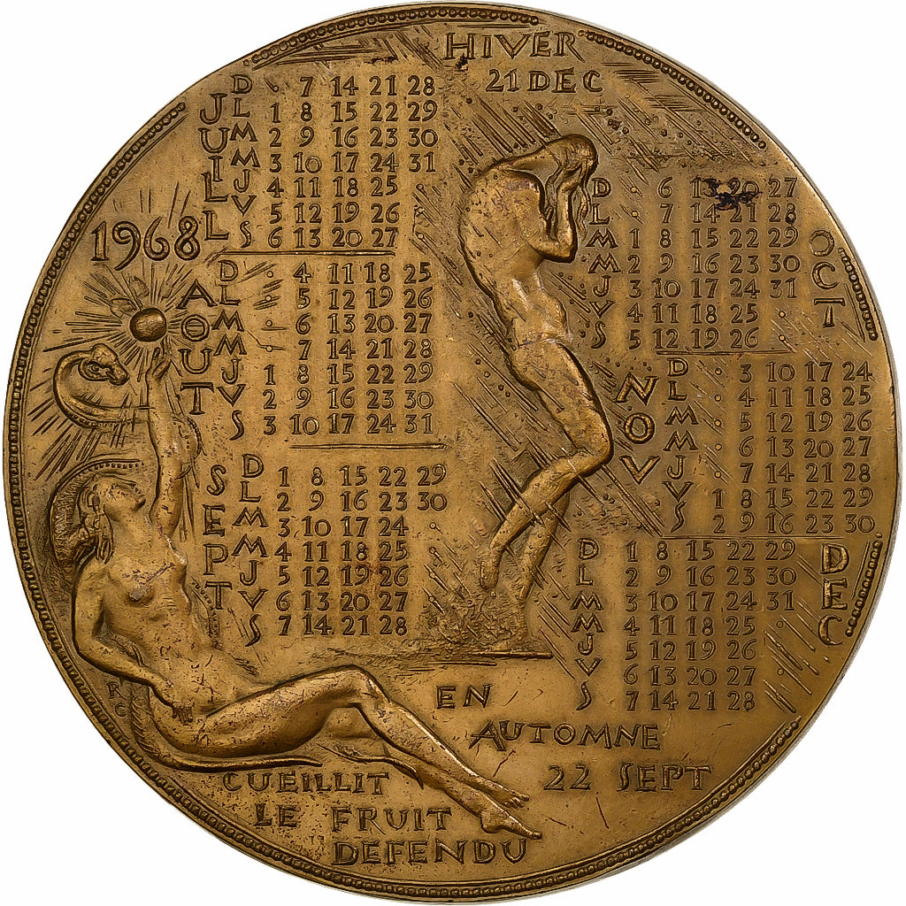 Francia, medalla, Calendrier, Adam et Eve, 1968, Bronce, Corbin, EBC+