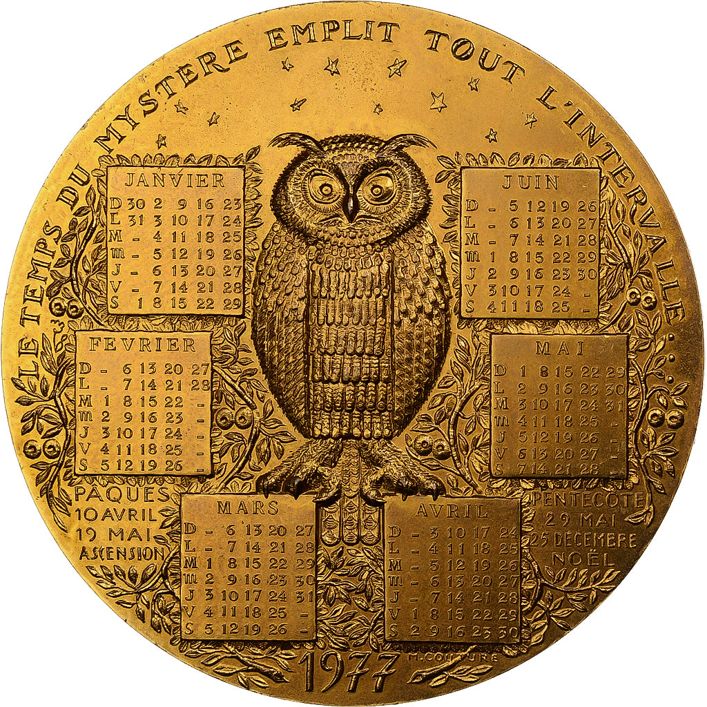 Francia, medalla, Calendrier, La Chouette et le Coq, 1977, Bronce, Couture, EBC+