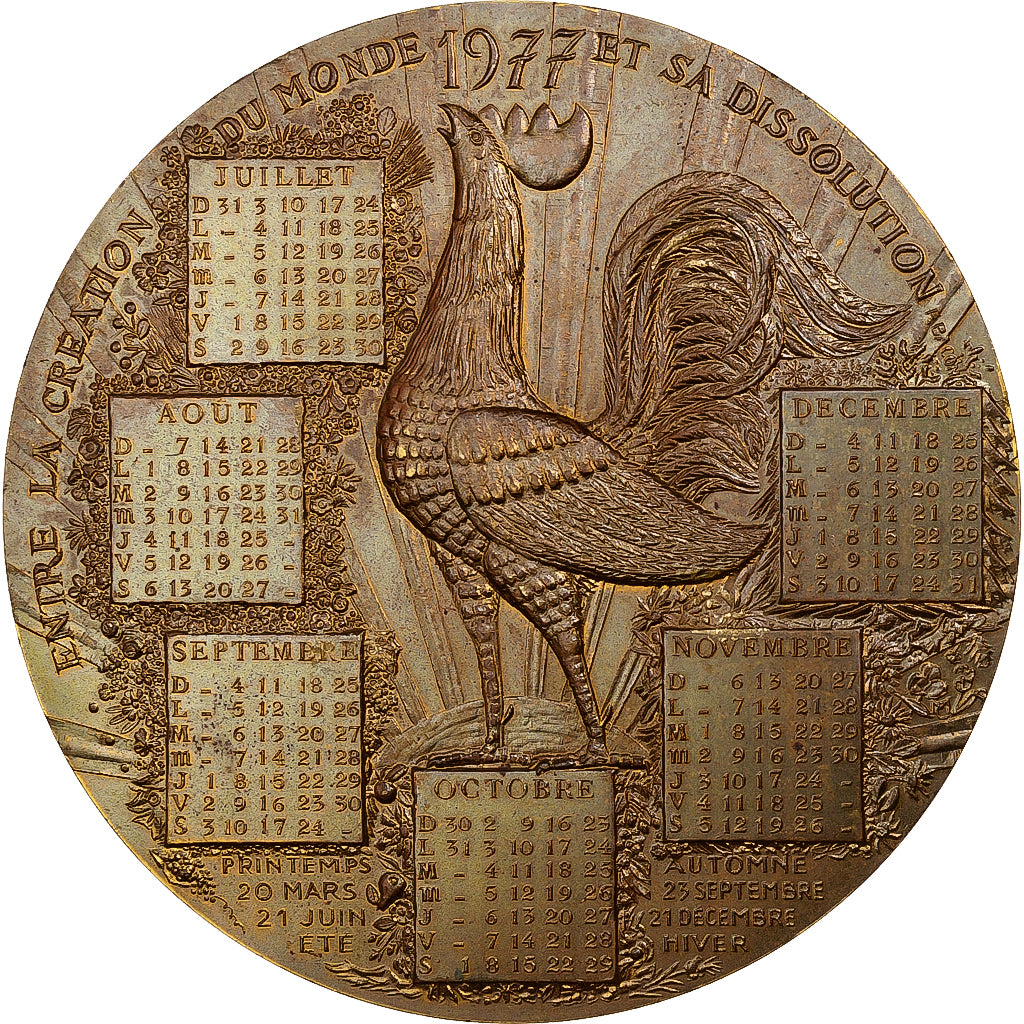 Francia, medalla, Calendrier, La Chouette et le Coq, 1977, Bronce, Couture, EBC+