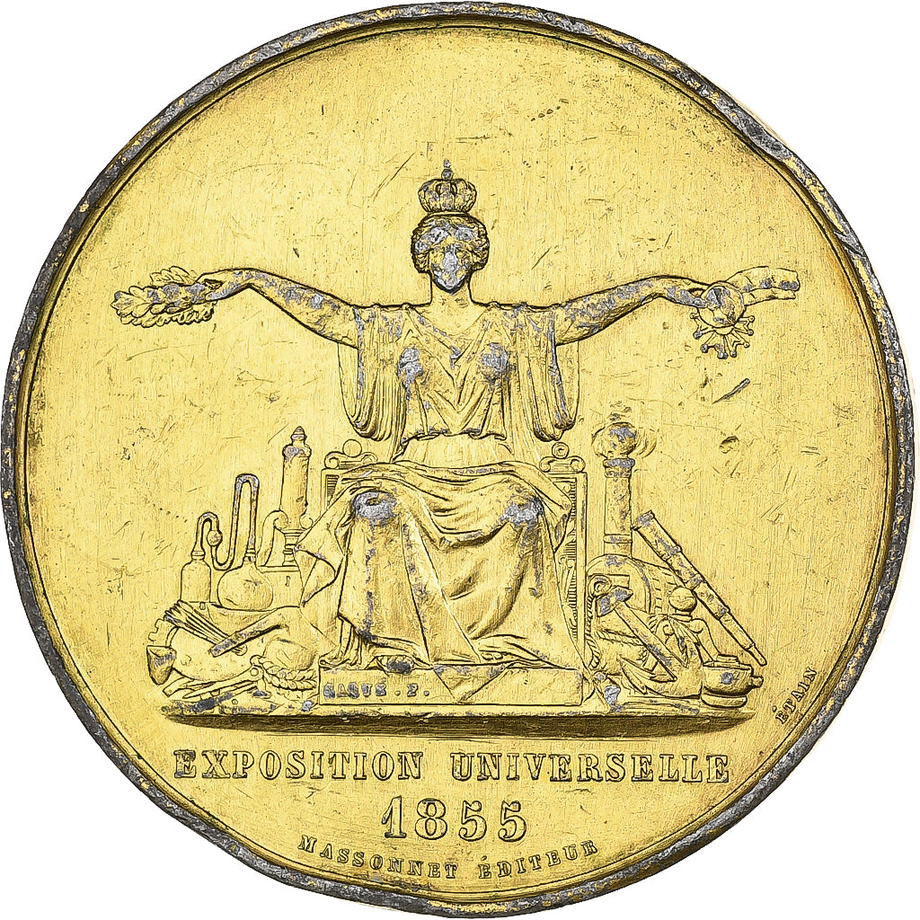 Frankreich, Medaille, Napoléon III, 1855 Paris Exposition, Gilt Tin, Caqué