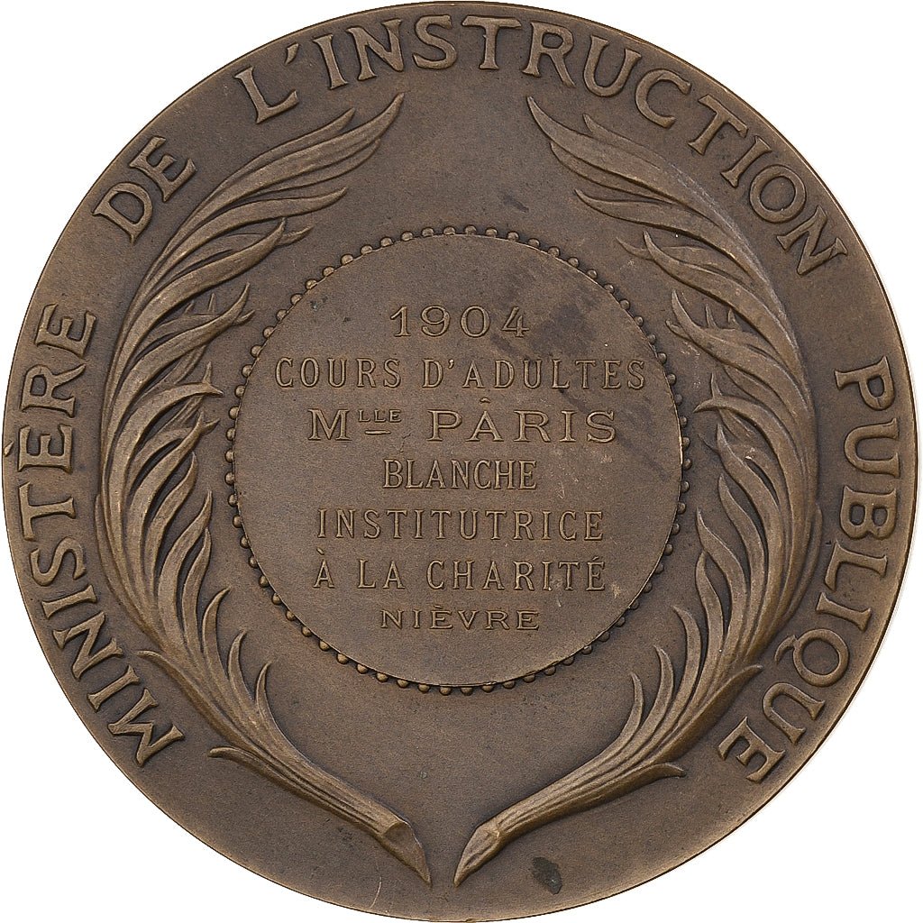France, Médaille, Instruction Publique, Cours d'Adultes, Nièvre, 1904, Bronze