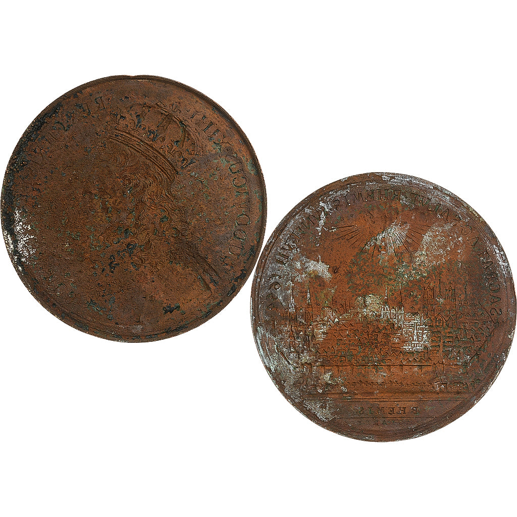 França, medalha, Luís XIV, Sacre à Reims, n.d., Bronze, Molart, Uniface