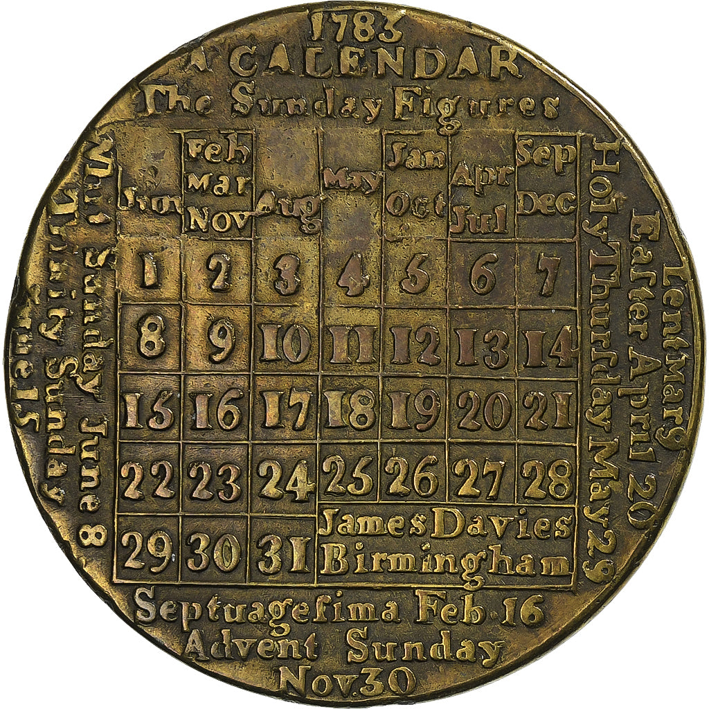 United Kingdom, Medal, Single Year Calendar, 1783, Brass, EF(40-45)