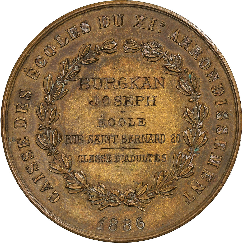 França, medalha, Caisse des Ecoles du XIème Arrondissement, Paris, 1886