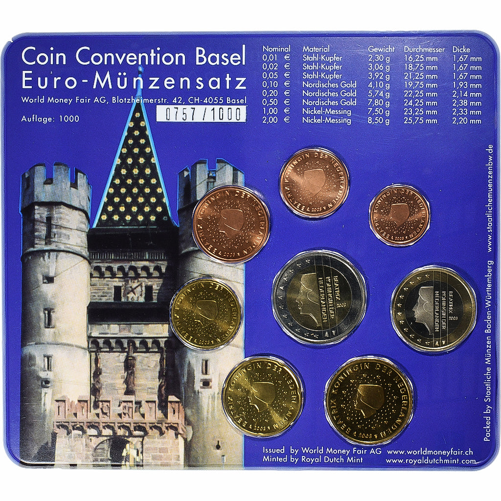 Nederland, Set 1 ct. - 2 Euro, World Money Fair, Coin Convention, Basel, 2003